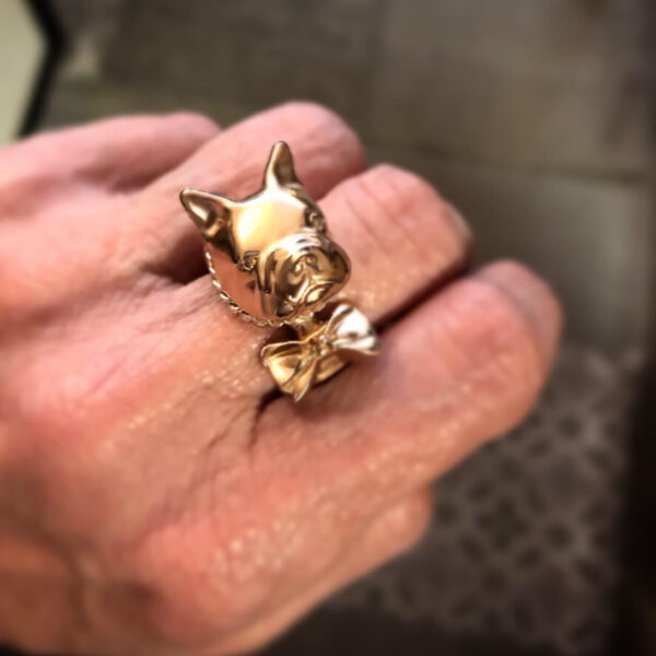 bague bouledogue XXL en vermeil, quartz fumé dans les yeux collier en argent et amethyste vue portee