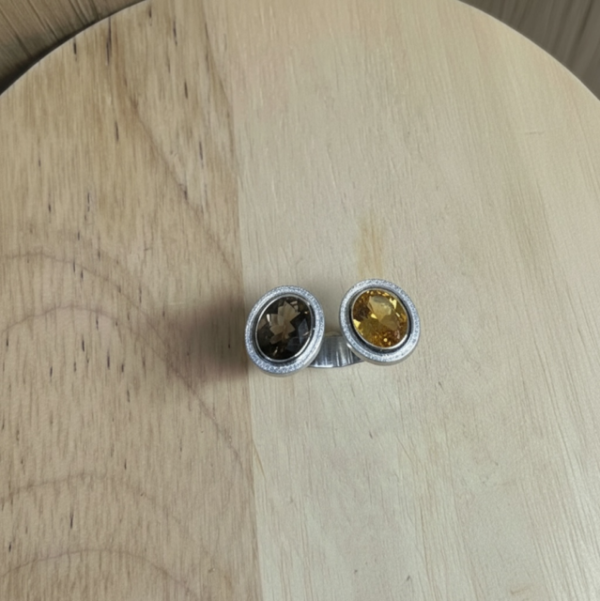 bague ouverte toi et moi argent citrine et quartz fumé | 26 Passage, Créatrice de bijoux à Paris