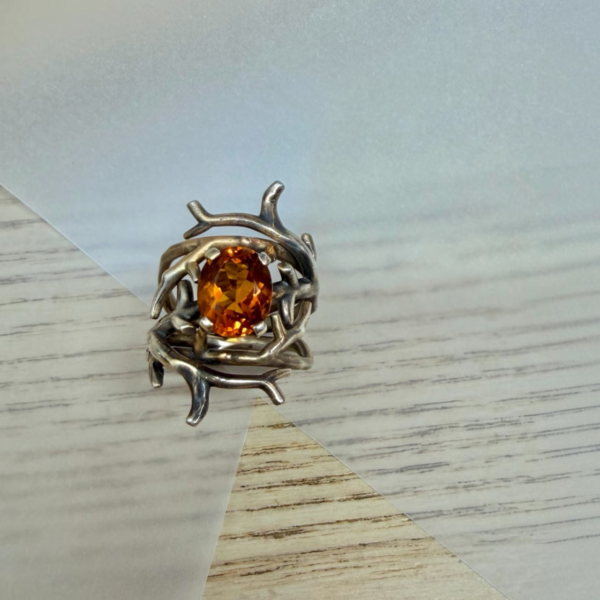 bague double branche melange vermeil argent noir citrine madere vue dessus | 26 Passage, Créatrice de bijoux à Paris Silver-toned ring with a tangled branch setting and an oval orange gem at center.